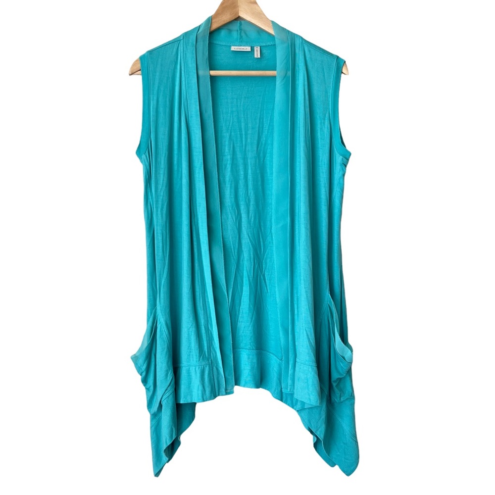 LOGO by Lori Goldstein Open Front Vest Chiffon Trim Sleeveless Aqua Blue Size XS